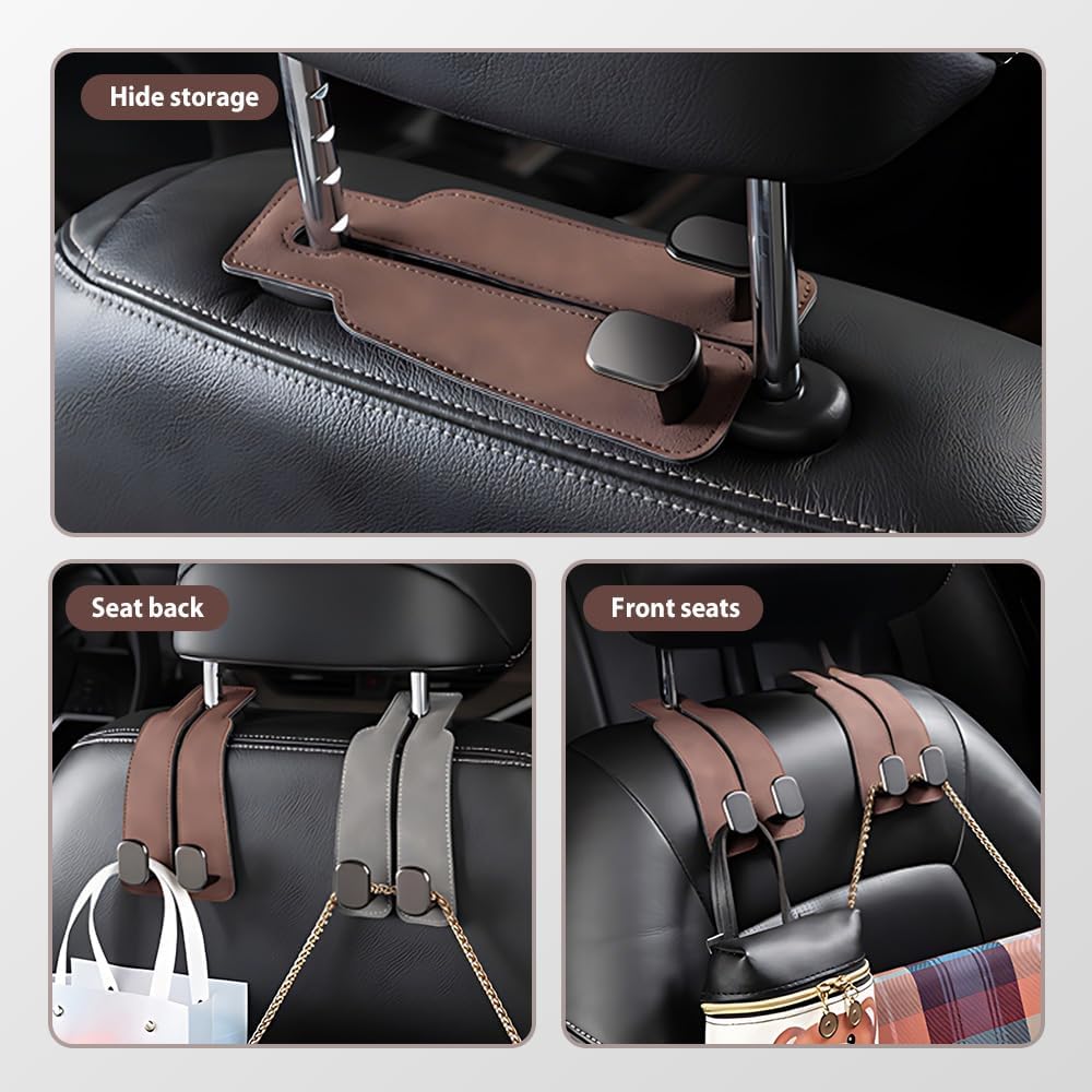 Leather Car Headrest Double Hooks for Bags, Purses & Coats