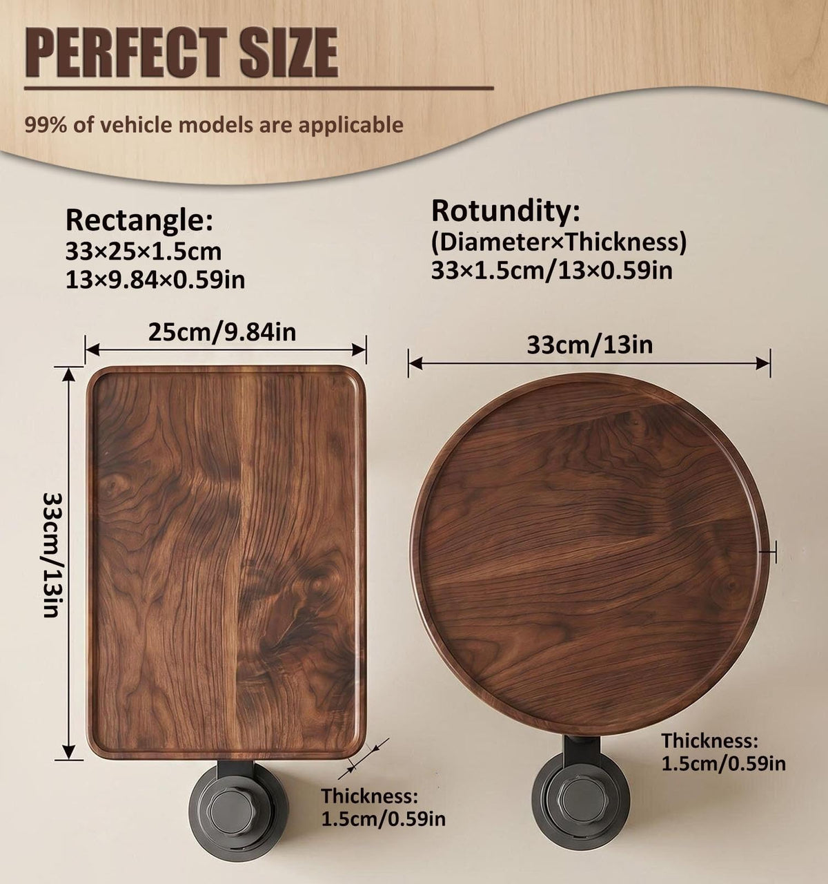 Black Walnut Wood Car Cup Holder Tray Table, 360 Rotating Car Tray