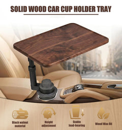 Black Walnut Wood Car Cup Holder Tray Table, 360 Rotating Car Tray