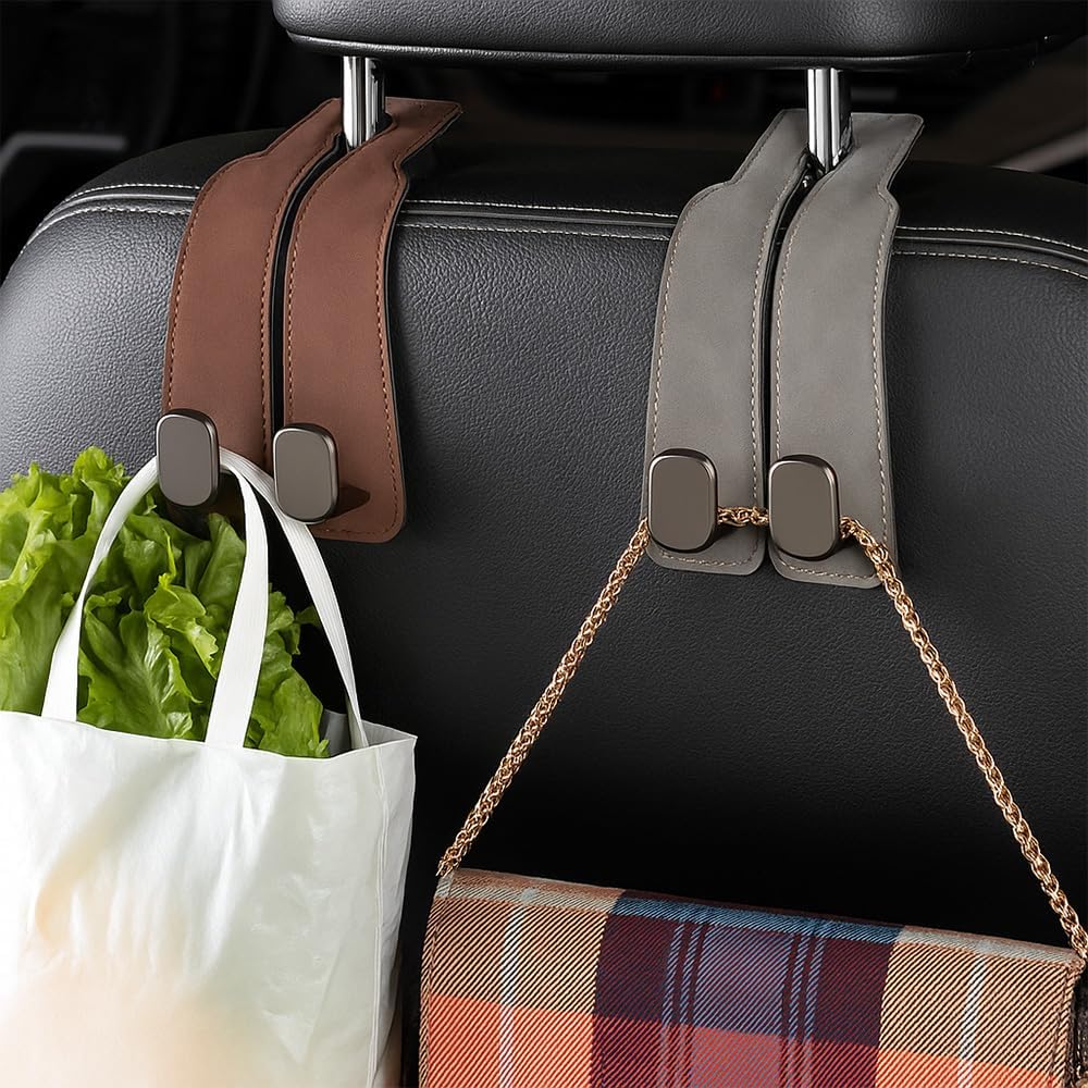 Leather Car Headrest Double Hooks for Bags, Purses & Coats