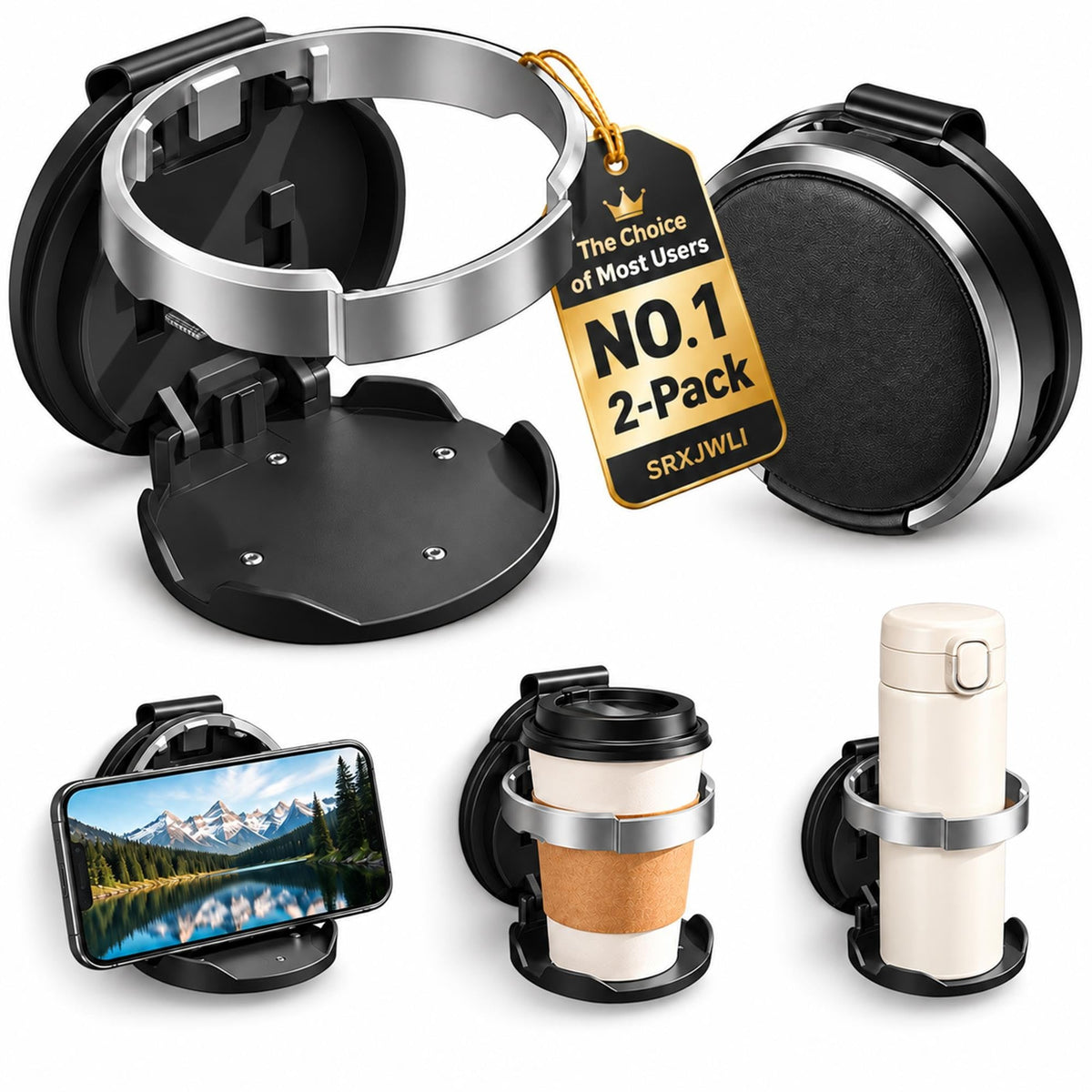 Car Door Cup Holder, 2 Pack Clip-On Mount with Phone Stand for Vehicles