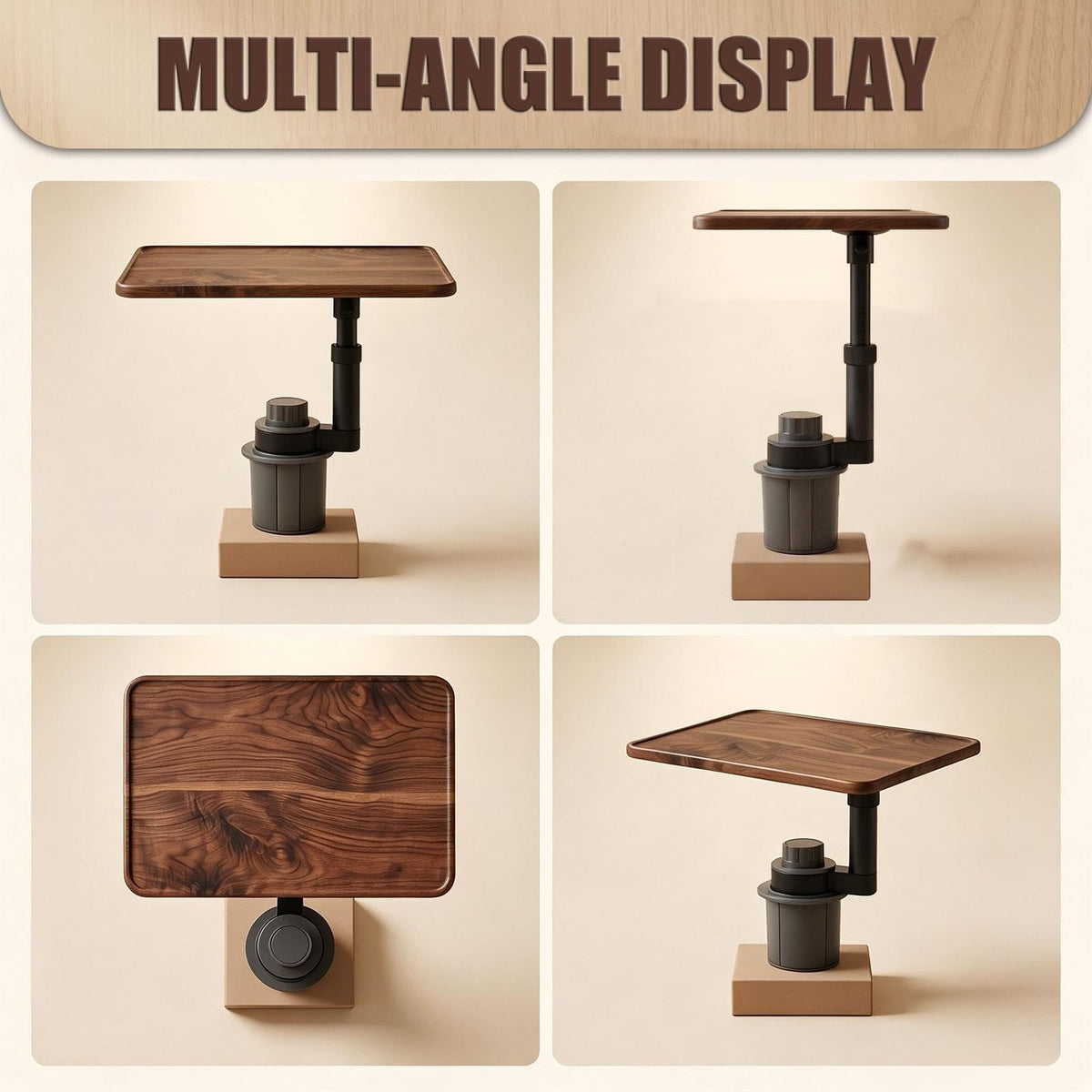 Black Walnut Wood Car Cup Holder Tray Table, 360 Rotating Car Tray
