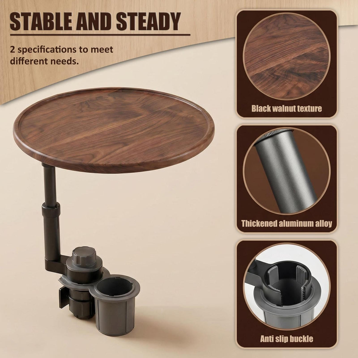 Black Walnut Wood Car Cup Holder Tray Table, 360 Rotating Car Tray