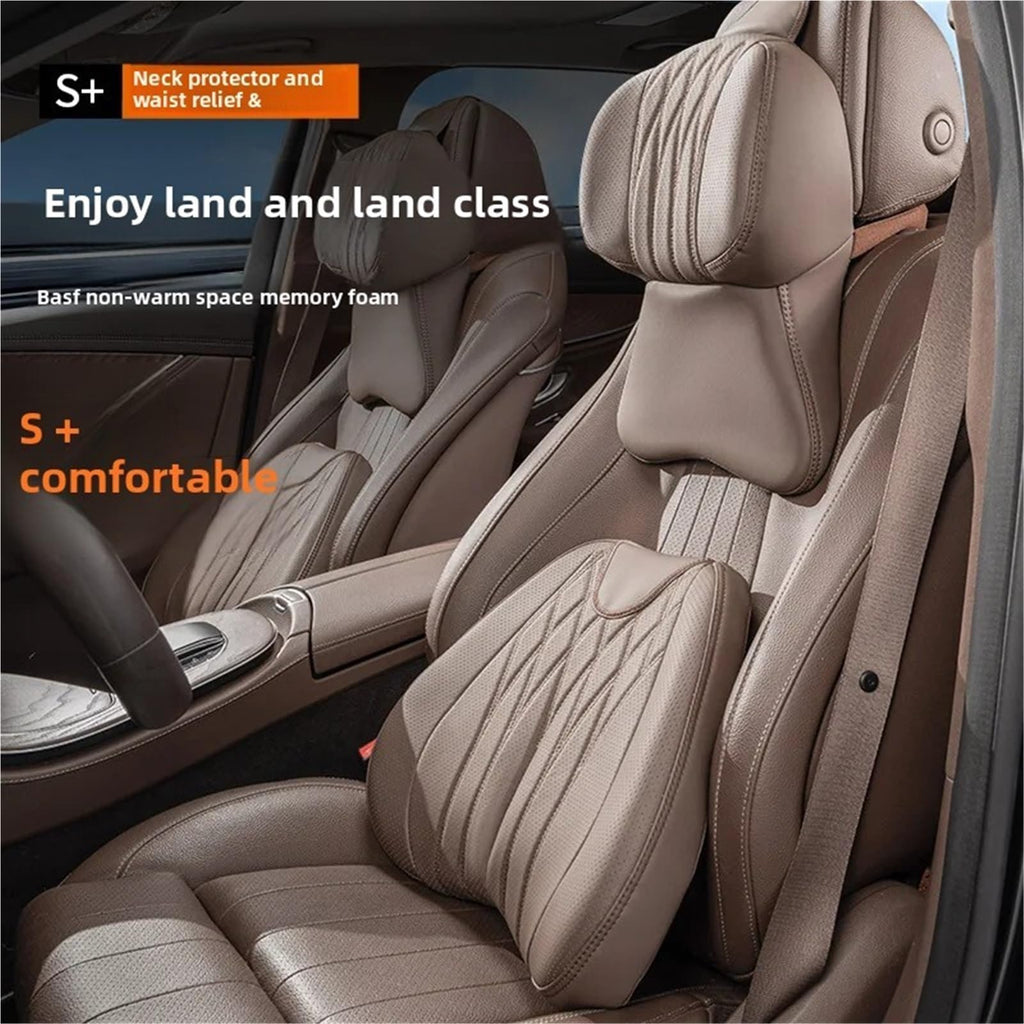 Car Pillow Seat Cushion Lumbar Support Neck Nappa Leather(Black F)