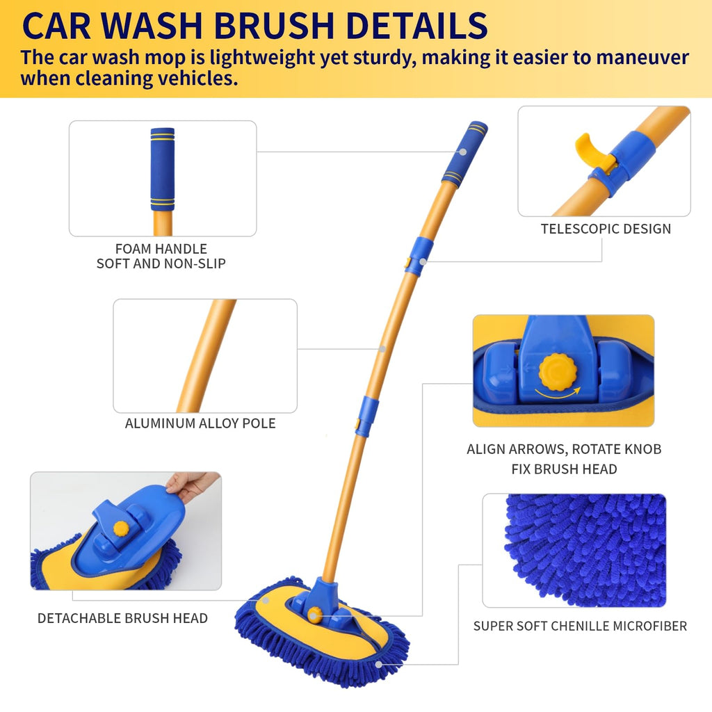 DEPOTA 15° Curved Car Wash Brush with Long Handle, Car Wash Mop Kit
