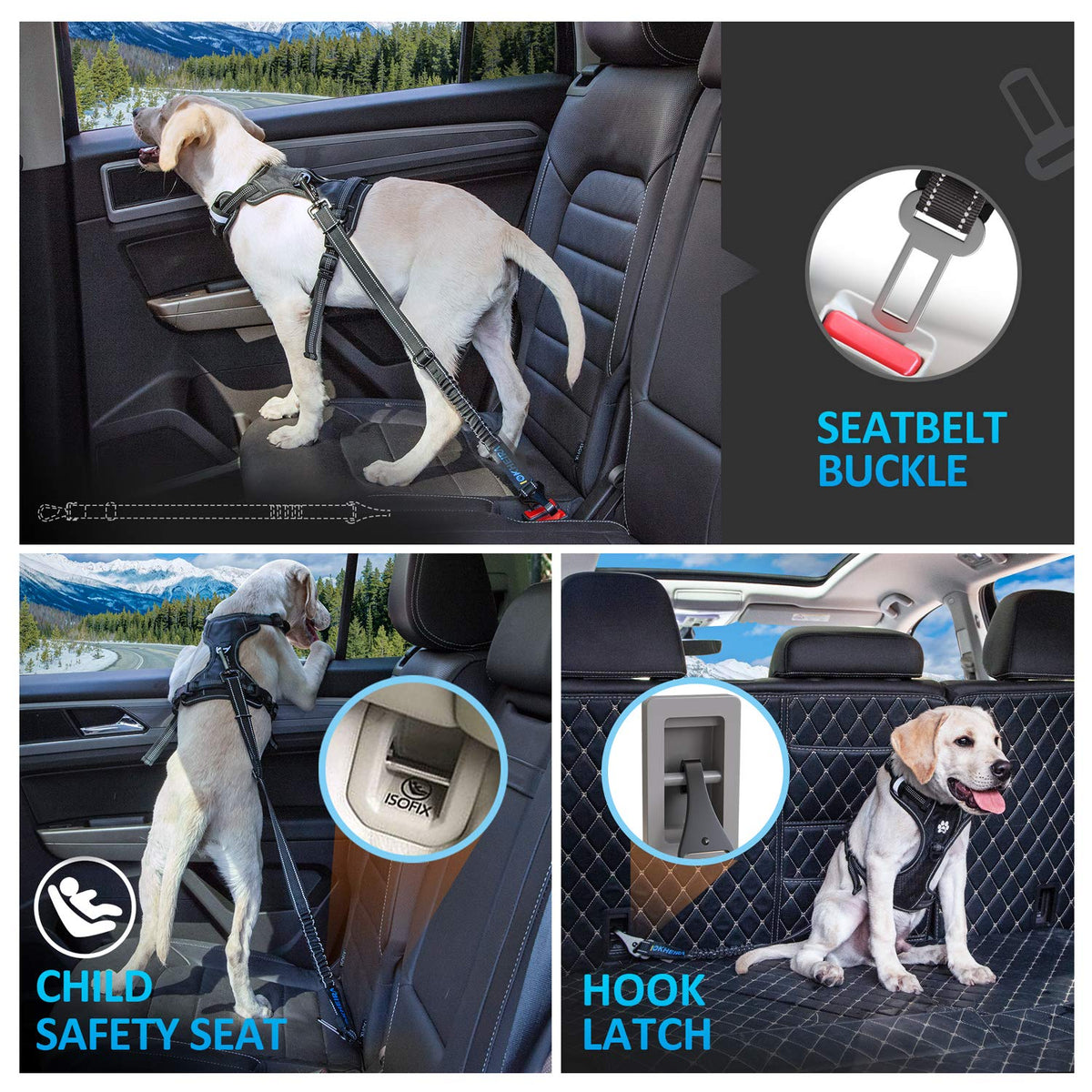 3-in-1 Adjustable Dog Car Seat Belt with Reflective Bungee Harness