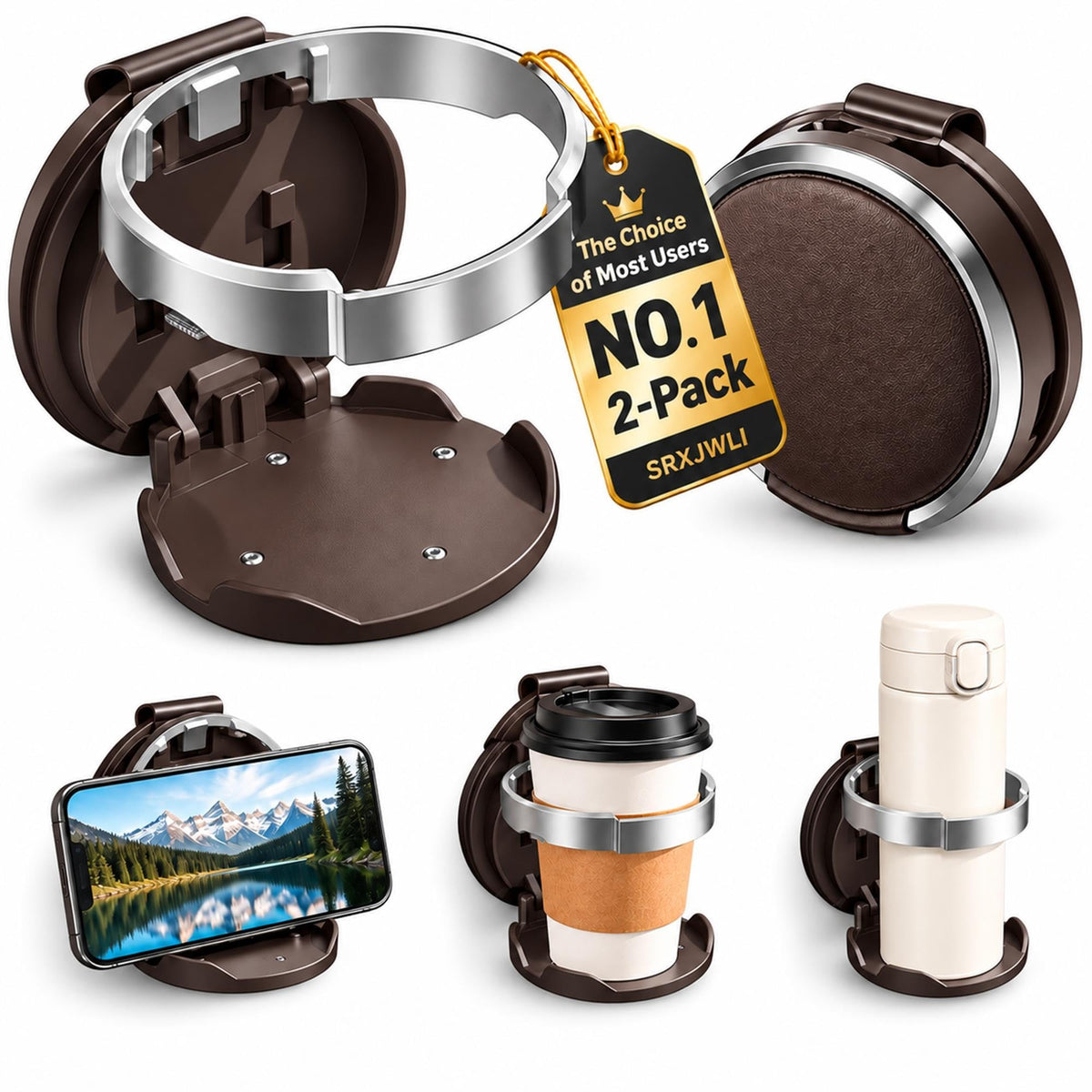 Car Door Cup Holder, 2 Pack Clip-On Mount with Phone Stand for Vehicles