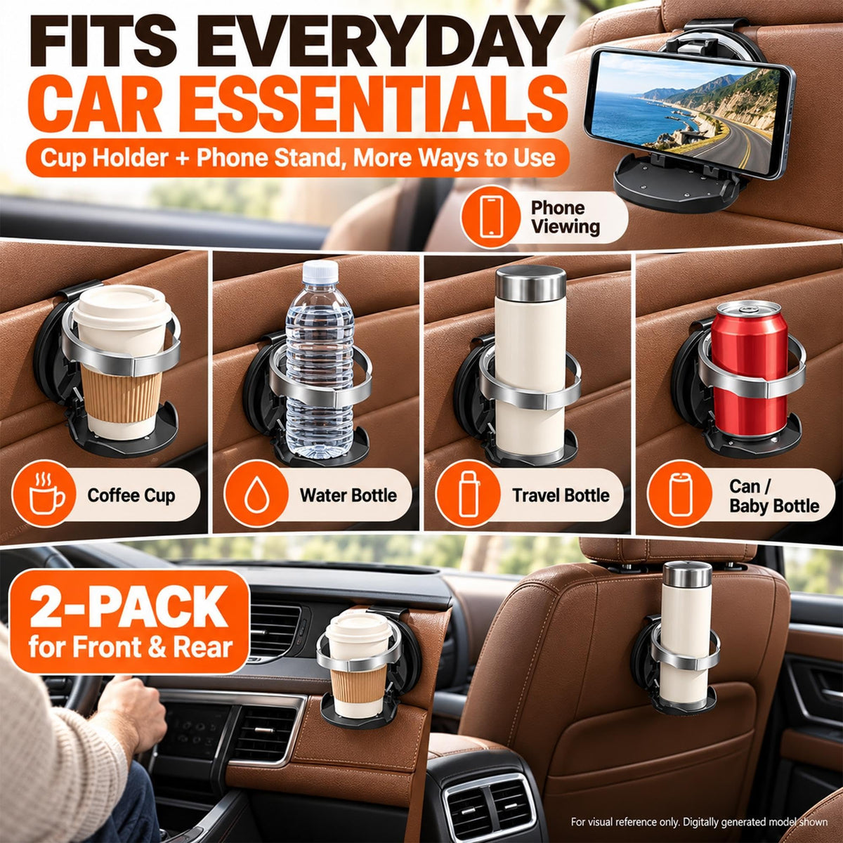 Car Door Cup Holder, 2 Pack Clip-On Mount with Phone Stand for Vehicles