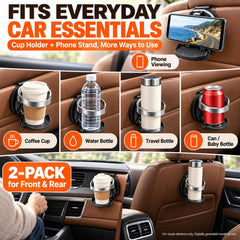Car Door Cup Holder, 2 Pack Clip-On Mount with Phone Stand for Vehicles