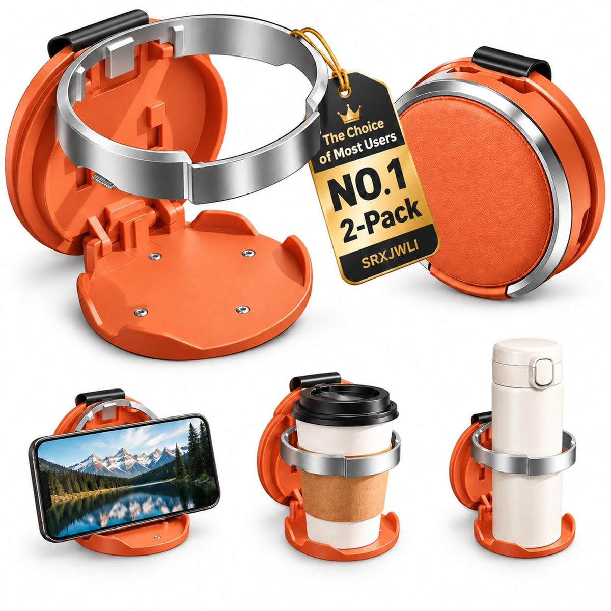 Car Door Cup Holder, 2 Pack Clip-On Mount with Phone Stand for Vehicles