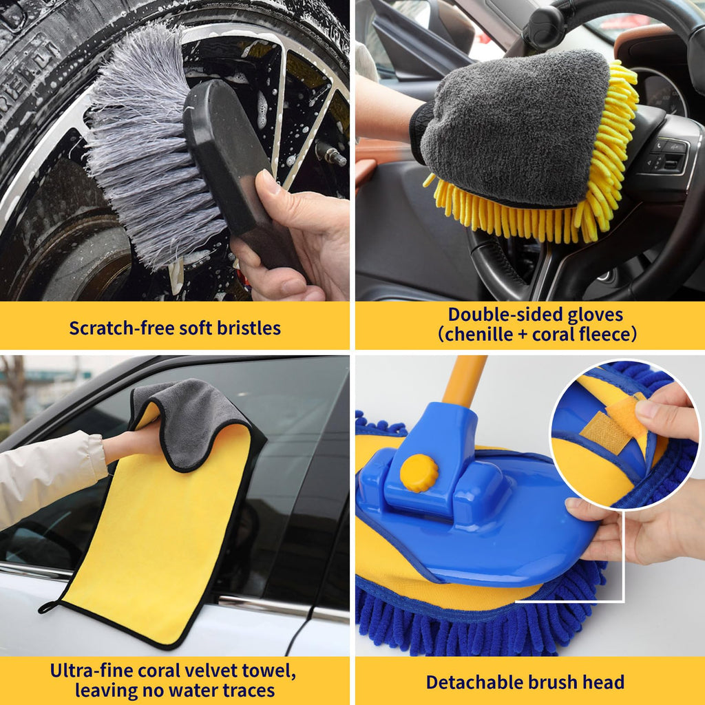 DEPOTA 15° Curved Car Wash Brush with Long Handle, Car Wash Mop Kit