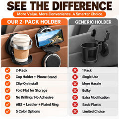 Car Door Cup Holder, 2 Pack Clip-On Mount with Phone Stand for Vehicles