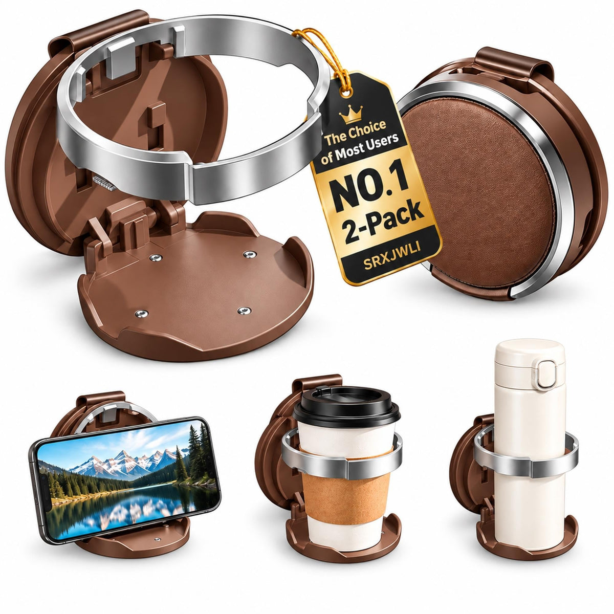 Car Door Cup Holder, 2 Pack Clip-On Mount with Phone Stand for Vehicles